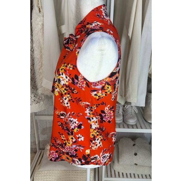 A New Day Women's Size S Orange Floral Tie Neck Sleeveless Blouse #0506 - Picture 4 of 12